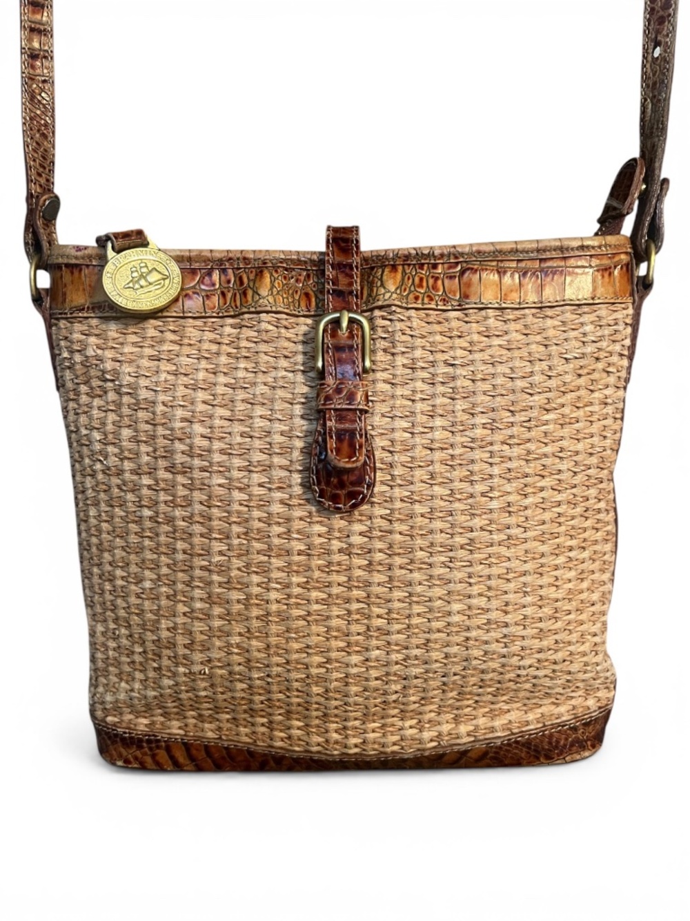 Vintage Brahmin Vintage Straw Woven Crossbody Bag Croc Leather Trim Boho Summer